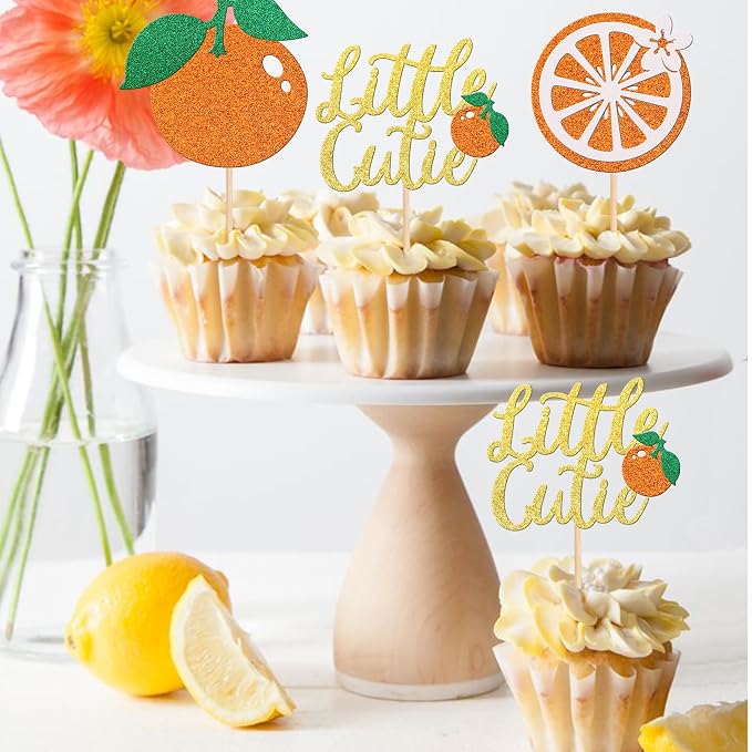 30 PCS Little Cutie Cupcake Toppers Glitter Fruit Orange Cupcake Picks for Citrus Theme Baby Shower Kids Boys Girls Birthday Party Cake Decorations Supplies Gold