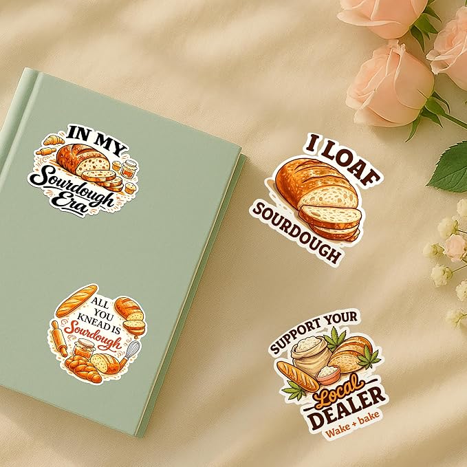 (4 Pcs) Funny Sourdough Baking Stickers Sourdough Humor Waterproof Vinyl Decal for Laptop, Water Bottle, Phone, Tumbler, Car Bumper