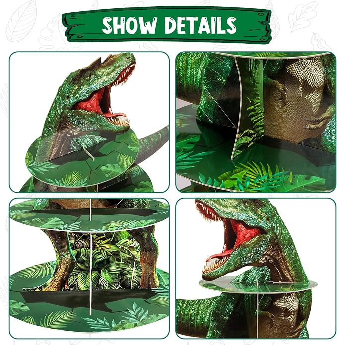 BACUTHY 2 Pack Cupcake Stand Dinosaur Birthday Party Decorations Favors, Dinosaur Cup Cake Toppers Towers Three Rex Baby Shower Supplies for Boy&Girl