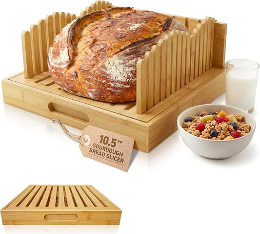 Bamboo Adjustable Bread Slicer with Crumb Catcher Tray, Foldable 3 Thickness Cutting Board, Non-Slip Multi-Purpose Serving Tray for Toast, Sourdough, Baguette Homemade Bread