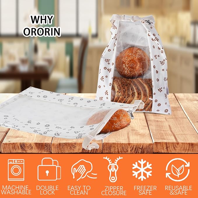 ORORIN Reusable Bread Bags for Homemade Bread,Linen Sourdough Bag Storage Container with Clear Window,Zipper Freezer Bags to Keep Fresh,Sourdough Accessories,2-Pack (Patented)