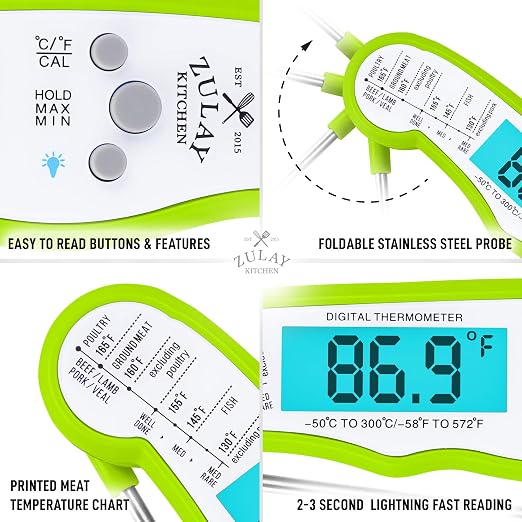Zulay Instant Read Food Thermometer - Waterproof Digital Meat Thermometer with Backlight, Calibration & Internal Magnetic Mount - Cooking Thermometer for Meat, Kitchen, BBQ & Grill (Green)