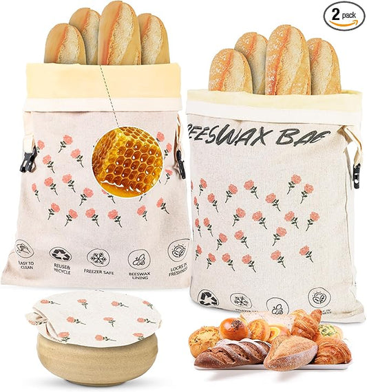 2 Pack Beeswax Bread Bag,17"×13"Reusable Organic Bread Bags for Homemade Bread Sourdough,Linen Outer Lining and Pure Cotton Beewax Inner Lining Moisture-proof &Fresh-Preserving With Buckle&Bowl Covers
