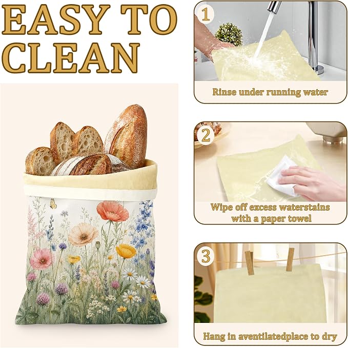 2 Pack Beeswax Wildflower Meadow Bread Bags for Sourdough, Reusable Linen Butterfly Garden Bread Bag 17x13'' Food Storage Cloth Bag Freezer-Friendly & Freshness Preservation