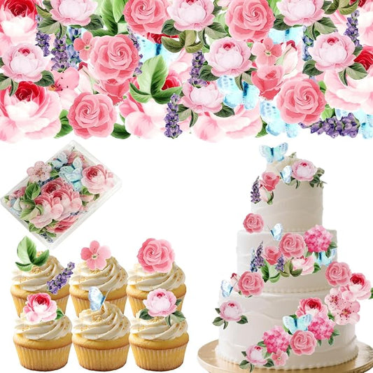 100Pcs Edible Flowers Cake Decorations - Wafer Paper Edible Flowers & Butterflies & Leaves Cupcake Toppers, Flower Cupcake Toppers for Wedding Birthday Baby Shower Party Cake Decorating