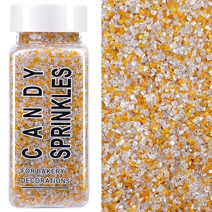 Gold Silver White Sanding Sugar Sprinkles Mix, 4.6 oz Edible Sparkling Sugar Crystals for Baking Topping, Cupcakes, Cookies, Ice Cream & Cake Decorating, Wedding Graduation Party Christmas Supplies