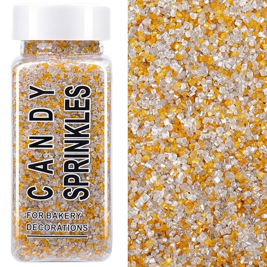 Gold Silver White Sanding Sugar Sprinkles Mix, 4.6 oz Edible Sparkling Sugar Crystals for Baking Topping, Cupcakes, Cookies, Ice Cream & Cake Decorating, Wedding Graduation Party Christmas Supplies