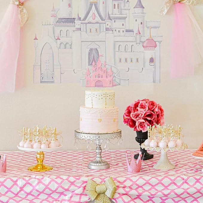 1 PCS Castle Cake Topper Glitter Princess Cake Topper Castle Theme Birthday Party Decoration Princess Happy Birthday Cake Decoration for Baby Shower Girls Princess Birthday Party Supplies Light Pink
