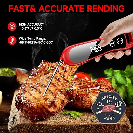 Instant Read Meat Thermometer Digital with IP67 Waterproof, Digital Meat Thermometer with 180° Foldaway Probe, Food Thermometer for Cooking, Oven, Grill,Candy,BBQ