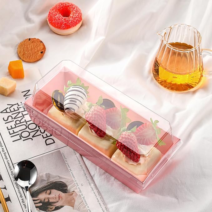 Leafiew 50 Pack 7.5x3.3 Inches Small Clear Treat Boxes-Dessert Boxes To Go-Disposable Paper Mini Containers for Cookie, Cake Slice, Charcuterie, Bakery, Pastry, Strawberry, Baked Goods Packaging(Pink)