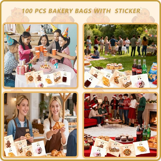 Cookie Bags with Window for Bakery, 100 Pack 7.1x7.5" Heat Seal Cookie Packaging Sleeves with Seal Sticker, Paper Treat Bag for Individual Bake Sale, Home Baked Brownie, Sandwich, Bread