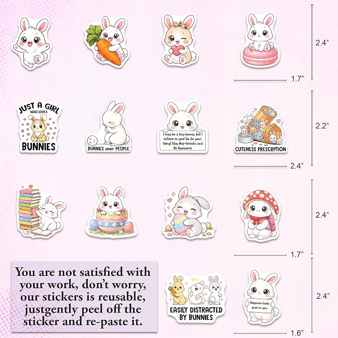 Bunny Stickers 50PCS – Waterproof Vinyl Rabbit Decals for Water Bottles, Laptops, Journaling – Non-Repeating Decals, High-Definition Print Gift for Womens