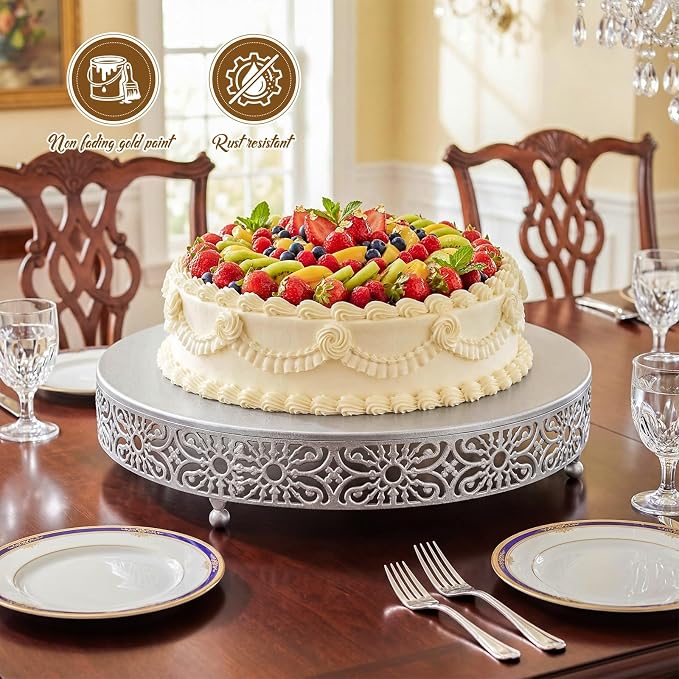 Wenqik 20 Inch Cake Stand Round Metal Cupcake Dessert Wedding Cake Stand Cookies Display Holder Fruit Food Serving Tray for Table Wedding Birthday Anniversary Party Decor (Silver)