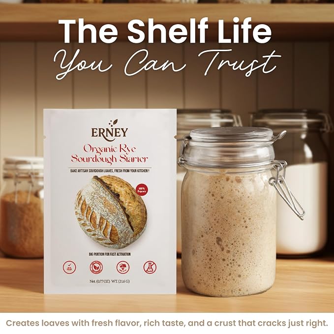 ERNEY Dehydrated Organic Rye Sourdough Starter 21.6 g Per Sachet for Bread Making - Perfect Rise Organic Sourdough Bread Flour with Instruction - Versatile Homemade Pastry Flour Perfect for Artisan Loaf Pizza Muffins