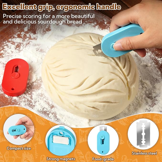 VZZNN 8 Pack Professional Bread Lame,Extractable & Magnetic Bread Lame Dough Scoring Tool for Sourdough Bread baking & Bread Making Tools Scoring Patterns booklet & 20 Razor Blades(Blue+Red)