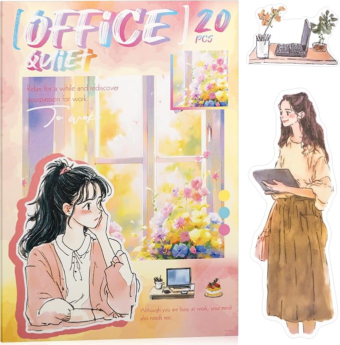 Quiet Office Sticker Scrapbooking Supplies for Junk Journal, 20 Sheets PET Stickers - Vintage Journaling Stickers, Ephemera Sticker Book Pre Cut(TZ-009-008)