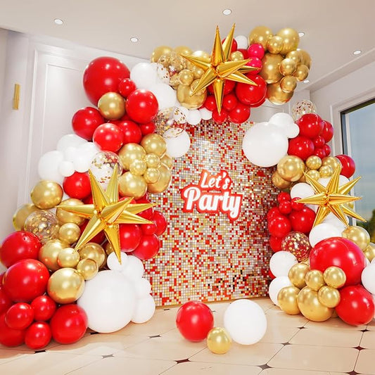 Bonropin 161pcs Red Gold and White Balloons Garland Arch Kit - 5/10/12/18in Red, Gold, White, Explosion Star Balloons for Valentine's Day Birthday Engagements Anniversary Party Decoration