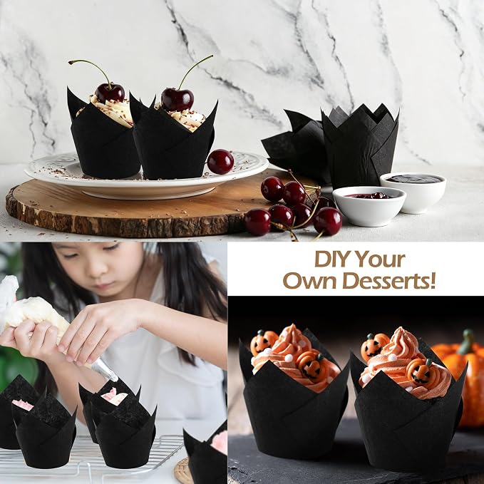 Ruisita 150 Pcs Mini Cupcake Liners Muffin Liners Baking Cups | Tulip Cupcake Liner for Baking Wedding, Birthday, Baby Shower Parties, Black