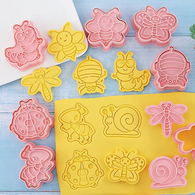 Insect Cookie Cutters Set 3D Cute Bee Dragonfly Ladybug 8 Pcs Cookie Cutter with Cookie Stamps for Baking (Insect)