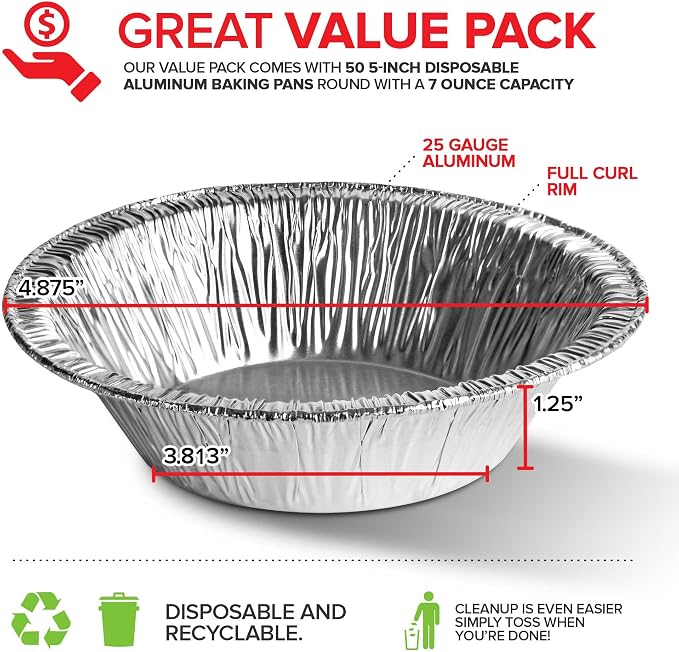 Stock Your Home 5 Inch Aluminum Foil Pie Pans (50 Count) - Disposable & Recyclable Mini Pie Pans - Foil Pie Tin for Bakeries, Cafes, Restaurants - Durable Mini Foil Pans for Pies, Fruit Tarts, Quiche