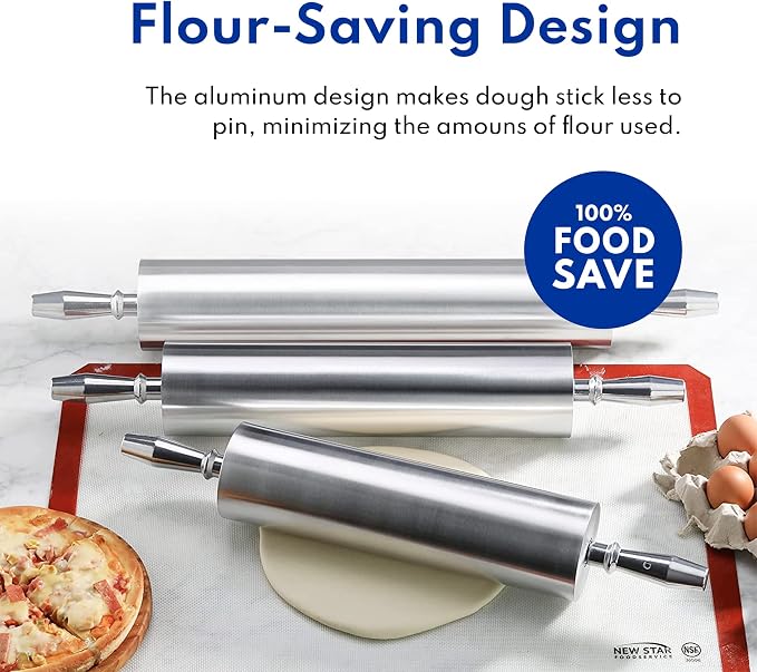 New Star Foodservice 15 Inch Aluminum Rolling Pin, Extra Heavy Duty Commercial Dough Roller with Rotating Barrel and Handles, Silver