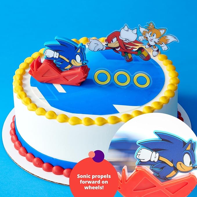 DecoSet Sonic The Hedgehog Cake Topper, 3-Piece Decoration Set With Tails & Knuckles Cake Pic, Rings Cake Pic And Rolling Sonic Action Figurine, For Birthday And Celebrations
