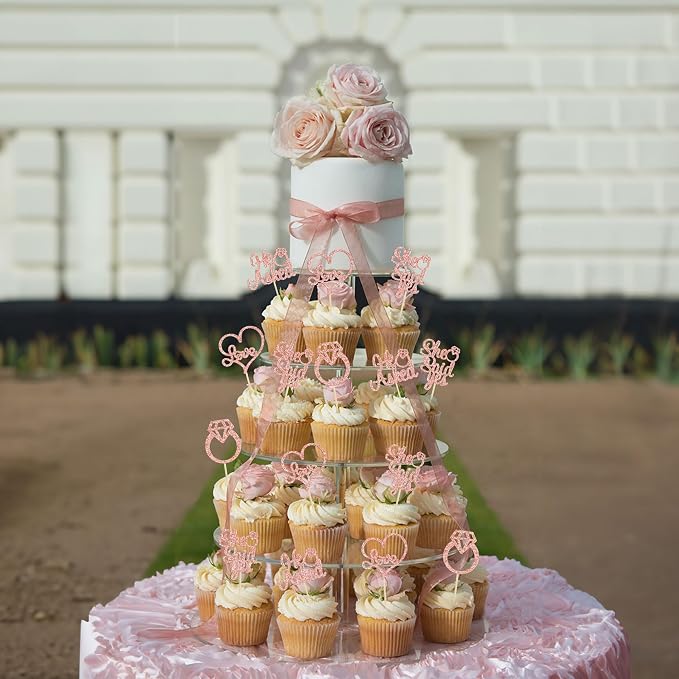 Gyufise 24Pcs Rose Gold He Asked She Said Yes Cupcake Toppers Diamond Ring Heart Cake Picks for Wedding Engagement Party Cake Decorations