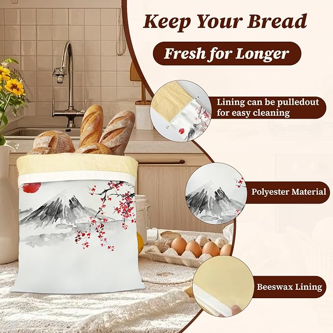 Beeswax Bread Bags, 2 Pack for Homemade Bread and Sourdough Storage | Japanese Cherry Blossom Sun Fuji Mount, Reusable Polyester Bread Storage With Beeswax Coating And Snap Closures