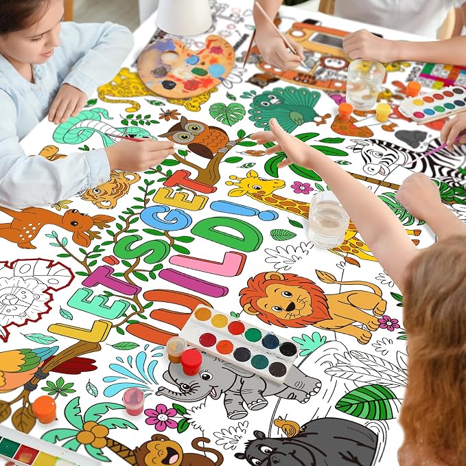 Safari Jungle Party Coloring Poster, 31.5x72" - Ideal as Safari Birthday Decorations, Kids' Coloring Table Cloth, Jungle Tablecloth for School Party & Special Events
