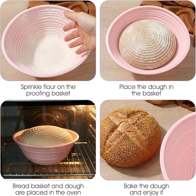 4Pcs Silicone Banneton Bread Proofing Baskets, 9 Inch Round Sourdough Foldable Non-Stick Dough Proofing Bowl Making-BPA Free Optimum Sourdough Bread Baking Supplies