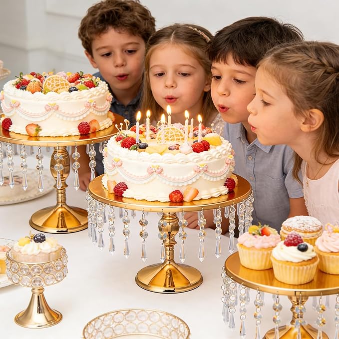 6 PCS Gold Cake Stand Set with Crystal Pendants - Dessert Table Display Set, Metal Cake Holder Stand for Wedding, Party, Birthday, Baby Shower, Event Bridal Celebration