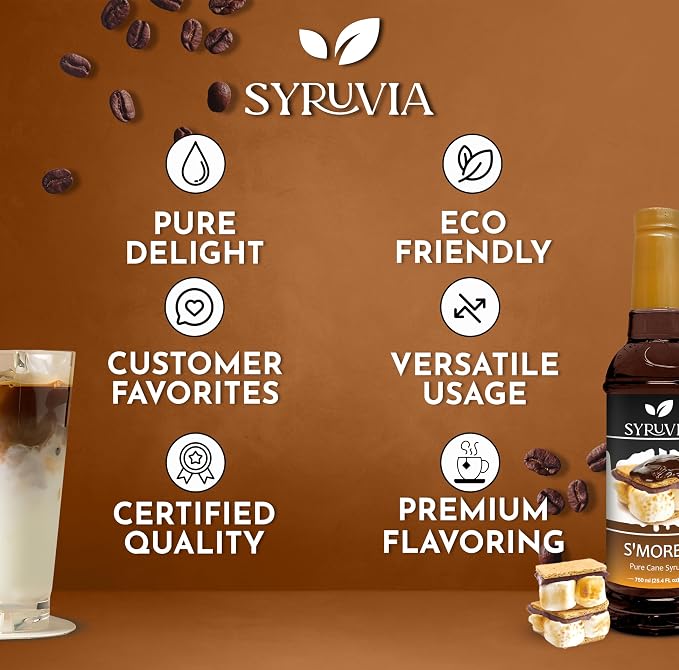 Syruvia Coffee Syrup, S'mores Flavored Syrup for Drinks, Lattes, and Desserts – 25.4 fl oz - with Pump