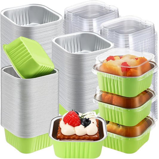 200 Pack 5 oz Mini Cake Pans with Lid, Aluminum Foil Mini Baking Tins, Square Disposable Cupcake Baking Cup Dessert Container for Wedding Birthday Party Picnic(Green,Classic)