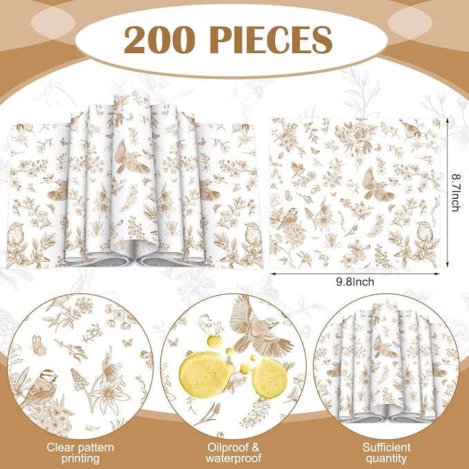 Feifeiya 200 Pcs Floral Wax Paper Sheet for Food Chinoiserie Bird Deli Paper Waterproof Sandwich Wrapping Greaseproof Food Basket Liners for Picnic Party Kitchen Supply, 9.8 x 8.7inch (Floral,Brown)
