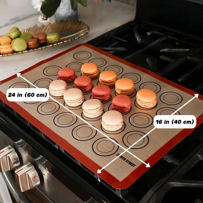 Macaron Silicone Baking Mats - Set of 2 - Full Size - 16 x 24 in (40 x 60 cm), Non-Stick Macaron Mat for Perfect Baking - Dishwasher & Oven Safe, Ideal for Macarons, Cookies, Bread, Red Border