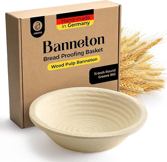 Wood Pulp Banneton Bread Proofing Basket – 11" Round 2.2LB Brotform, Grooved Pattern – Non-Stick Natural Wood Pulp Pressed for Durability – Made in Germany Proofing Baskets for Sourdough Bread Baking