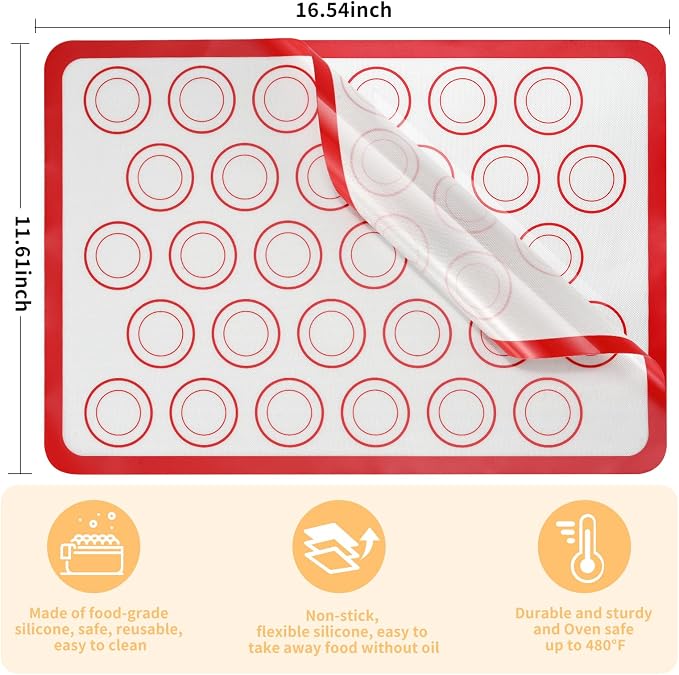 Luckyiren 2-Pack Baking Mat with Circles – Silicone Macaron & Cookie Sheet Liners, Non-Stick BPA-Free Reusable Silicone Mats for Half Sheet Pans for Precision Baking & Candy, White with Red Edge