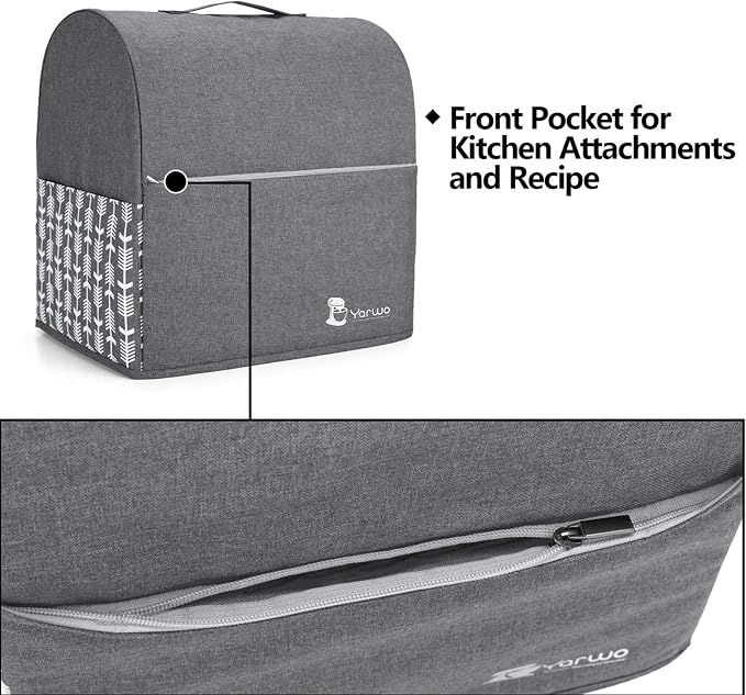 YARWO Stand Mixer Dust Cover Compatible with KitchenAid Mixer 4.5 qt -5 qt | Top Handle, Side Pockets for Kitchen Accessory, Dust-proof Protective Cover for Tilt-Head 4.5/5 qt, Washable, Gray with Arrow