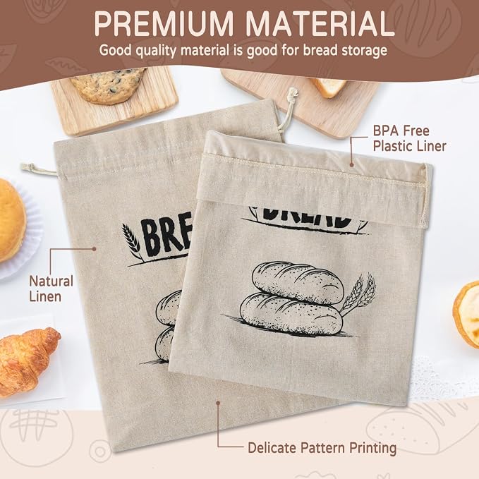 Bread Bags for Homemade Bread, Linen Bread Bag Storage, Reusable Sourdough Bread Bags with Plastic Liner, Drawstring Bread Container for Toast, Loaf,Sandwich Fresh Longer