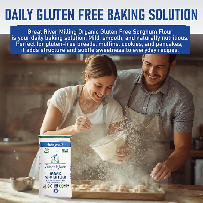 Great River Milling Organic Sorghum Flour | Whole Grain Gluten Free Flour | Non-GMO, Vegan & Kosher Certified | Milled for Smooth Texture | Ideal for Bulk Baking & Cooking, Pancakes & Batters | 25 Lb