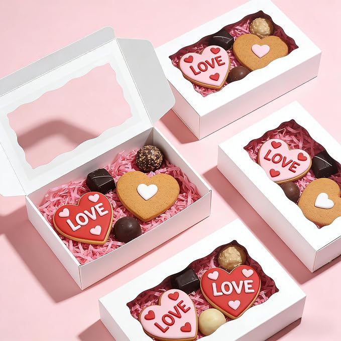 20pcs Cookie Boxes with Window 7x4.375x1.5 Inches Bakery Boxes Treat Box Chocolate Covered Strawberries Box for Christmas Valentine's Day Mother's Day - White