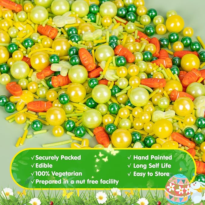 Edible Yellow Green Sprinkles for Cake Decorating,130g,Rabbit Sprinkle,Orange Carrot Pearls and Jimmies,Bunny Candy Baking Decorations,Cupcake Toppers,Cookie Donuts Ice Cream Dessert,Birthday Children's Anime Farm Garden Summer Party Supplies