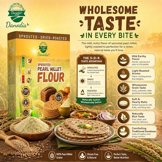 Danodia Foods Organic Sprouted Bajra Pearl Millet Flour, 2 lb Pack | Roasted bajra atta for roti, bhakri, porridge, flatbread and baking; Gluten-Free; US pantry staple; Indian pantry recipes
