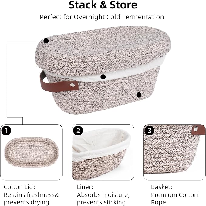 Stackable Cotton Banneton Proofing Basket Set, With Pro Sourdough Aliquot Jar for Rise Tracking – 2 x 10 inch Oval Bread Basket, Sourdough Baking Tools for Artisan Bread Makers