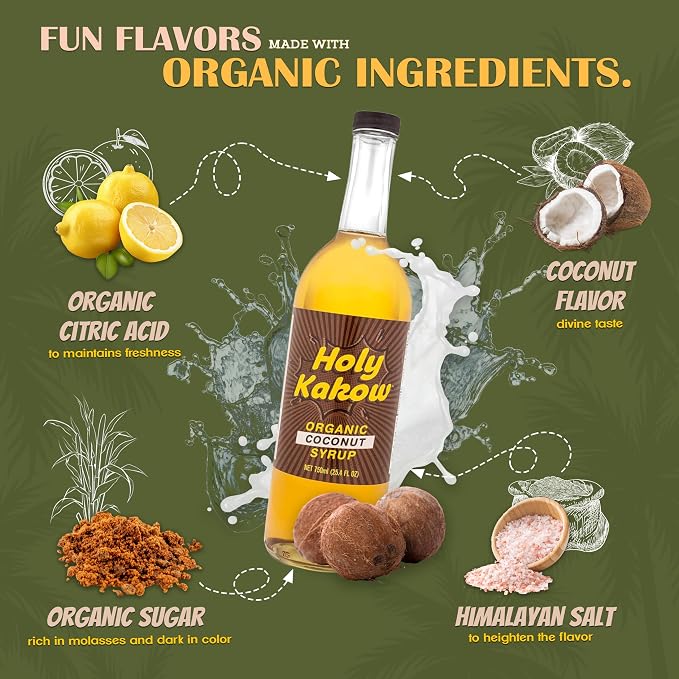 Holy Kakow Cafe Organic Coconut Syrup - Coconut Coffee Syrup, Organic Syrup for Coffee, Latte, Cocktail and Shake, Real Food Ingredients - 750ml