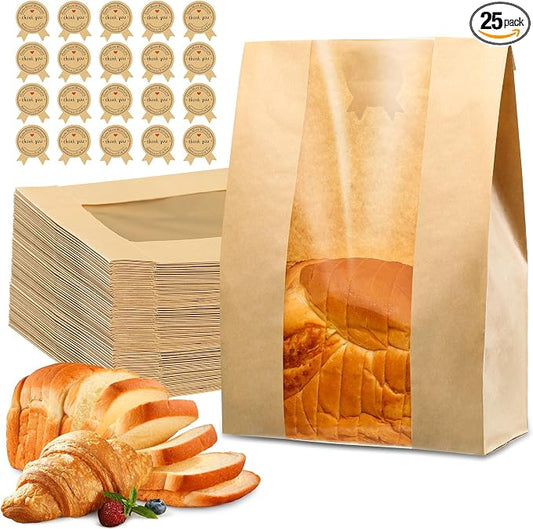 25 Pcs Bread Bags for Homemade Bread, Sourdough Paper Bags With Window, 50% Thicker 13.7x8.2x3.7in A Large Bakery Bag Used for Storage Bakery Cookies & Snacks, 40 Cute Sealing Stickers with Ties