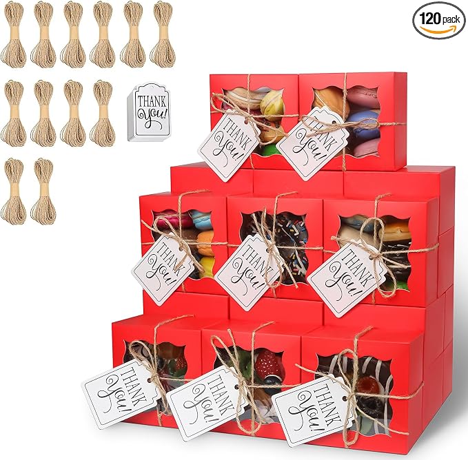 KPOSIYA 120 Pcs Red Bakery Boxes with Window Individual Cupcake Boxes 4x4x2.5 Inches Cookie Boxes Kraft Paper Red Gift Box for Pastries, Cookies, Pie, Donuts, Macaroon