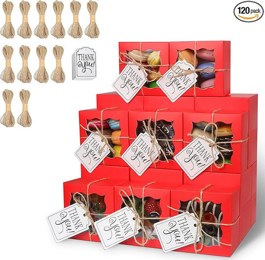 KPOSIYA 120 Pcs Red Bakery Boxes with Window Individual Cupcake Boxes 4x4x2.5 Inches Cookie Boxes Kraft Paper Red Gift Box for Pastries, Cookies, Pie, Donuts, Macaroon