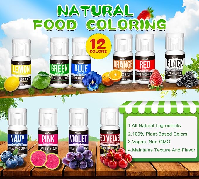 Natural Food Coloring - 10 Plant-Based Organic Vibrant Liquid Dyes | Artificial Dye-Free, Non-GMO, Food-Grade, Dye Free Food Coloring | For DIY Baking, Cake Decorating, Frosting, Fondant