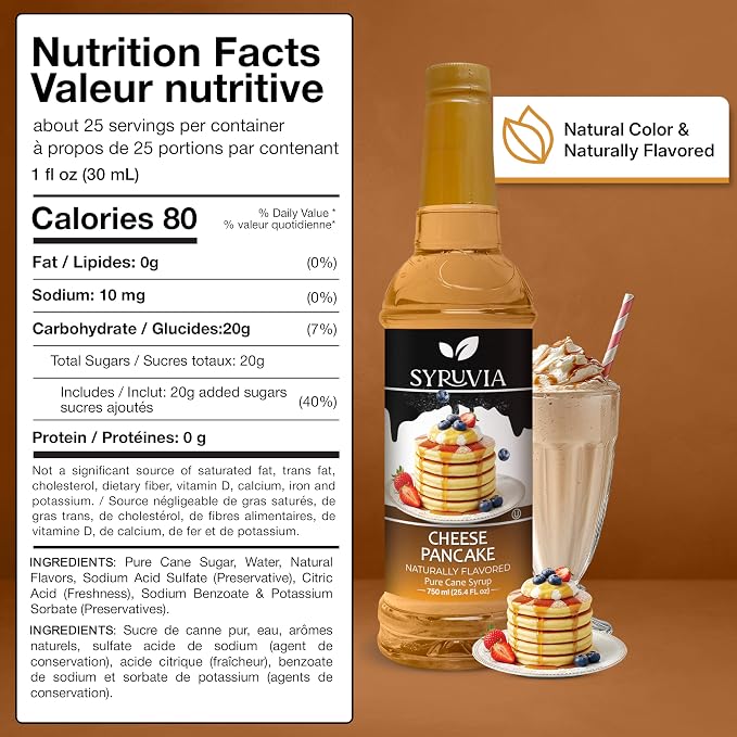 Syruvia Cheese Pancake Syrup, Naturally Flavored Syrup for Specialty Drinks, Lemonades, Iced Teas, and Desserts – 25.4 fl oz - with Pump